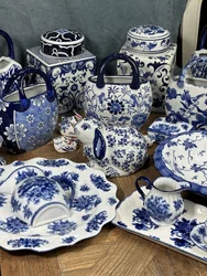 Blue and white hand-painted vases, flower baskets, flower pots, rabbit ornaments, underglaze colored ceramic plates