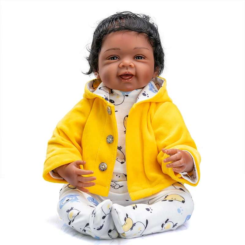 48CM Reborn Toddler Dark Brown Complexion Full Body Silicone Soft Body African American Baby Girl Doll Hand Hair