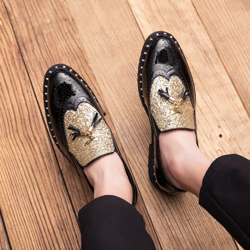 Golden men's Casual Slip-On Tassel Patent Loafers Thick Bottom Elevator Shoes Fashion Men's Party Shoes Business Shoes Brogue