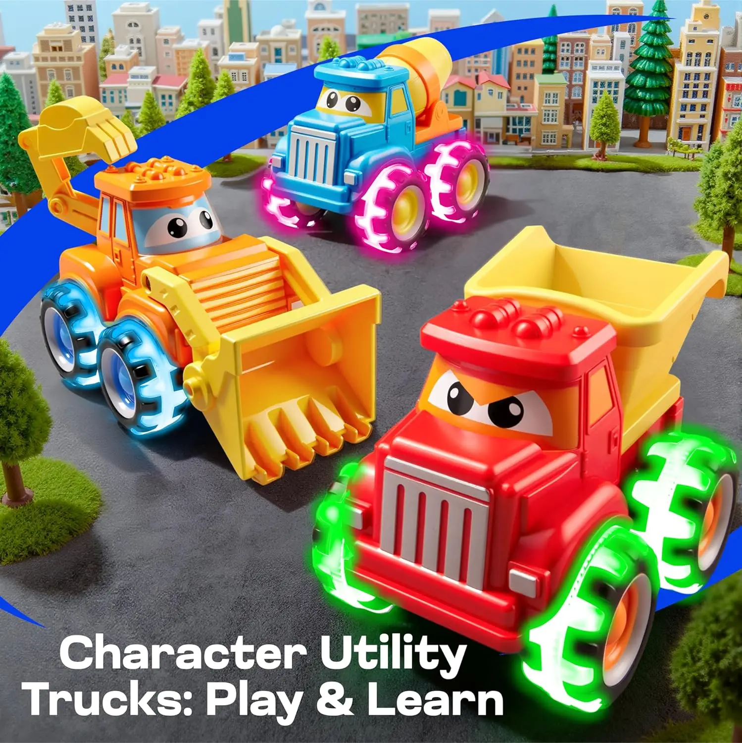 Joyfy GlowRover Confezione da 3 giocattoli Monster Truck Auto da costruzione cittadina con ruote a LED per i più piccoli Ragazzi Ragazza Compleanno Regali di Natale