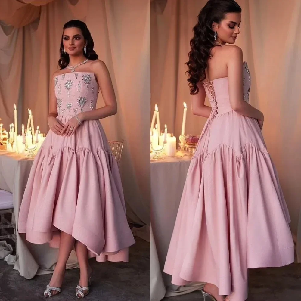 Classic Exquisite High quality Jersey Sequined Pattern A-line Strapless Midi Dresses Prom Dresses Fashion Sexy Formal Simple