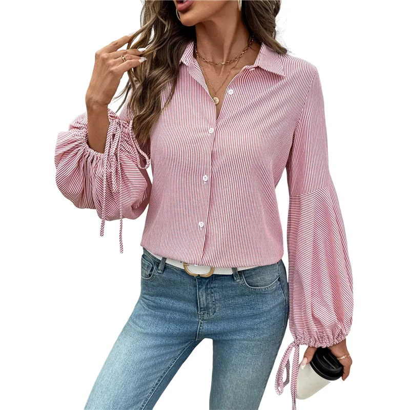 

CGS-Womens Button Down Shirts Striped Long Sleeve Blouses With Pocket Casual Collar Office Work Tops