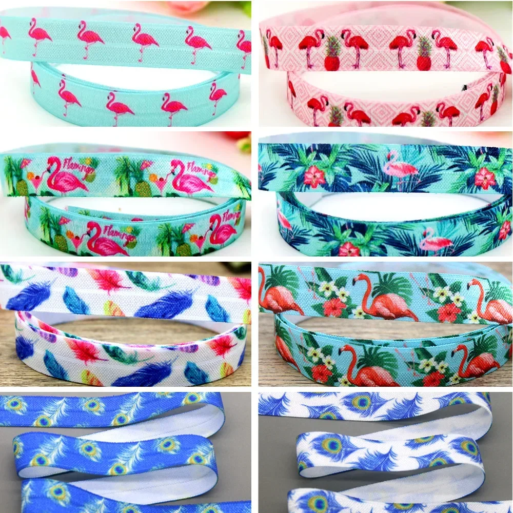 5/8'' 5yards Flamingo Feather Printed Fold Elastic FOE Stretch Ribbon Decorations Craft DIY Sewing  E21980
