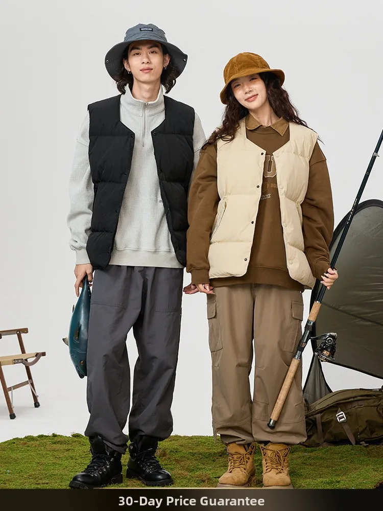 

Retro Japanese Sle Pure Color Simple Workwear down Vest Winter Du down Anti-Cold Warm oulder Pad Vest Youth Faion