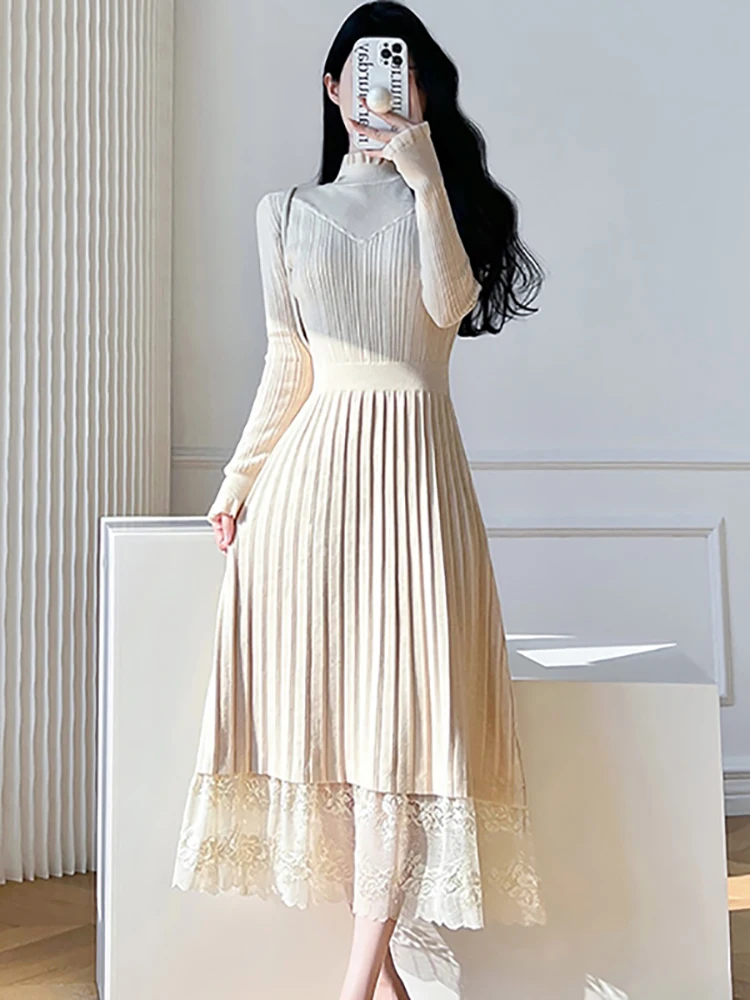 

Белое вязаное хлопковое плиссированное платье миди с рюшами на воротнике, осень-зима, теплое платье-свитер, 2025 г., корейское элегантное женское праздничное платье, Vestidos