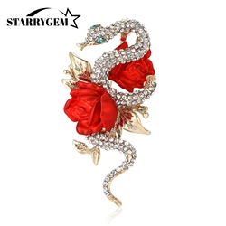 Rhinestone Flower Snake Brooches for Women Unisex Enamel Animal Plant Pins Office Party Friend Gifts Jewelry Accessories