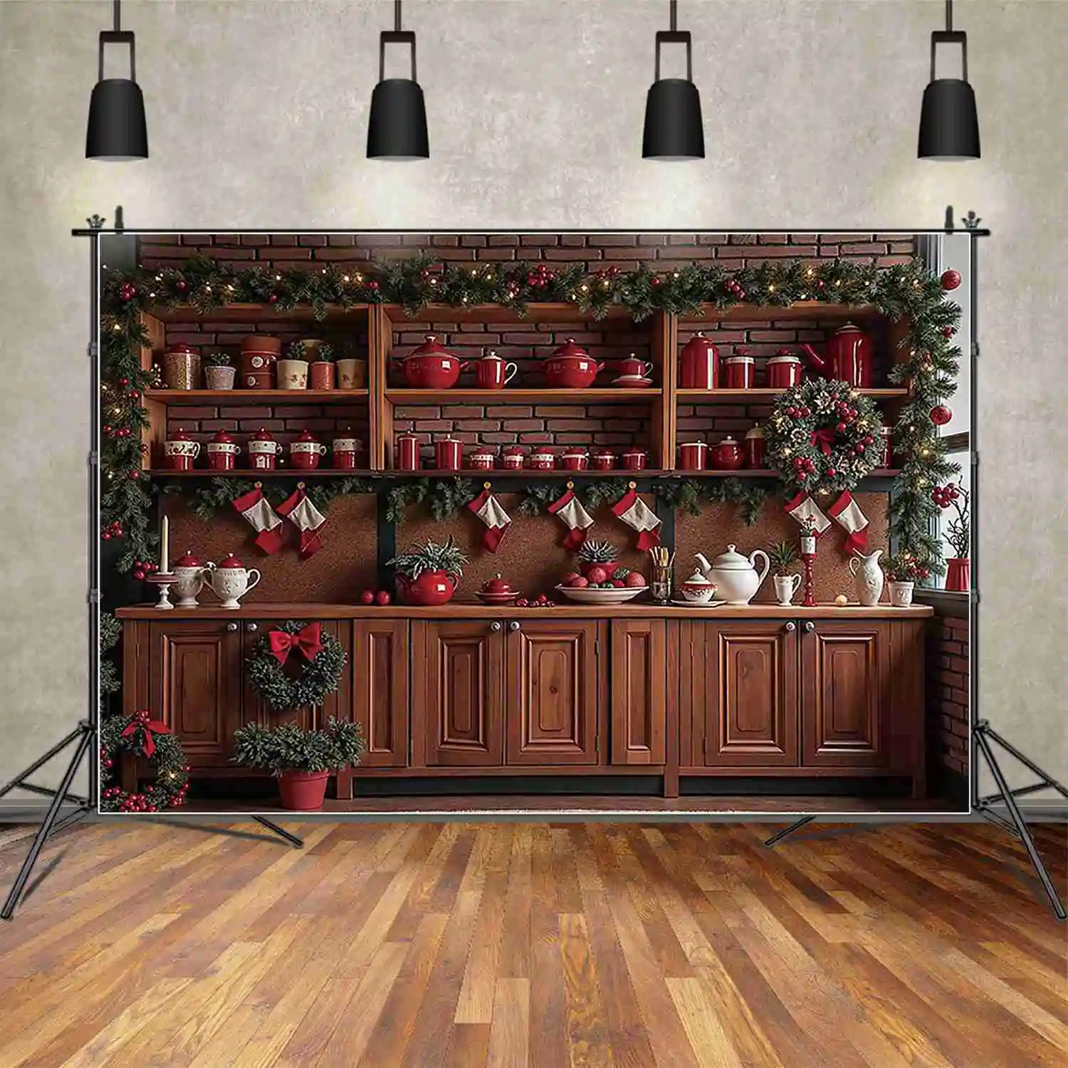 MOON.QG Red Christmas Kitchen Photography Backdrop Wreath Wooden Cabinet Home Decoration Background Baby Studio Photocall Props