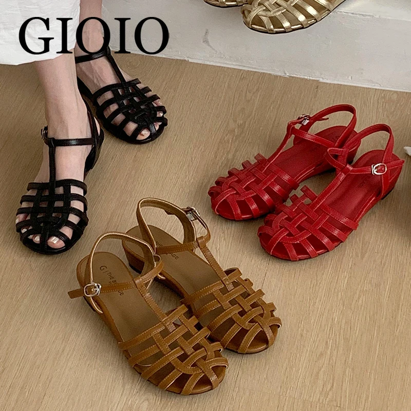 Sandalias de mujer trenzadas huecas, calzado casual de verano, sandalias planas con tiras cruzadas en T, sandalias romanas huecas tejidas, zapatos.