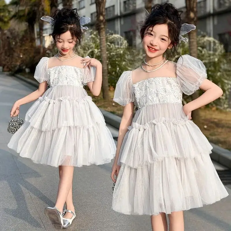 

Girls' Summer Chiffon Dress Short Sleeve Mesh Princess Style Children's Clothing New Fashion Trend