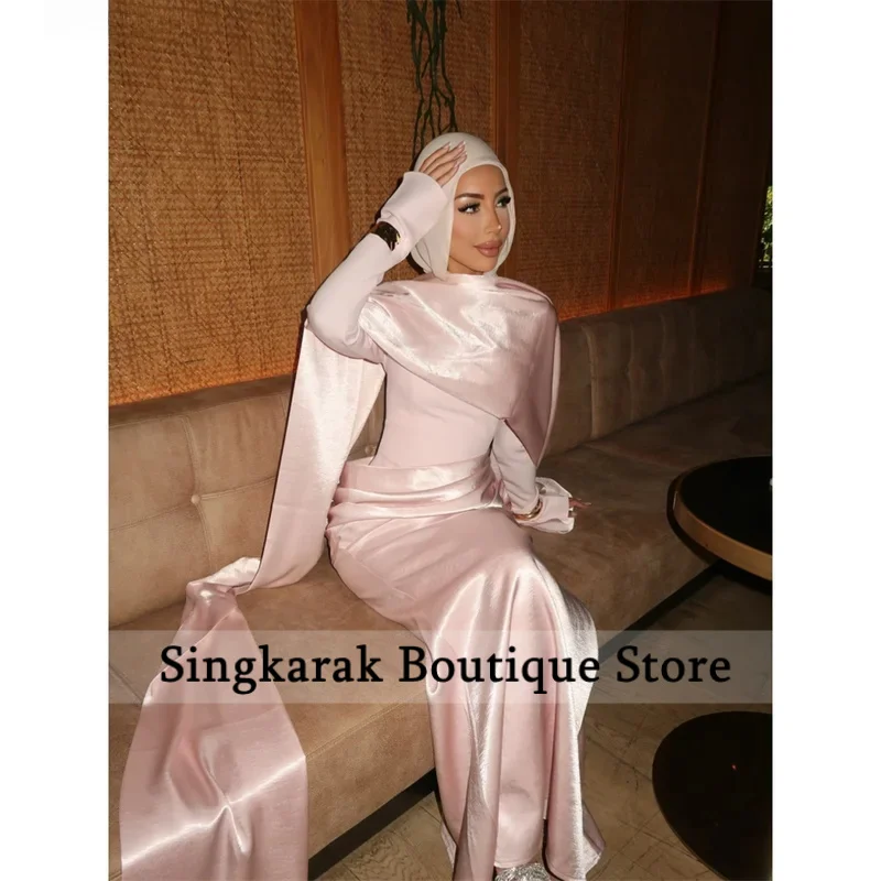 Customizd Satin Detachable Cape Long flared sleeves Muslim Maxi dress Evening gowns Modest Elegant Women's prom dresses