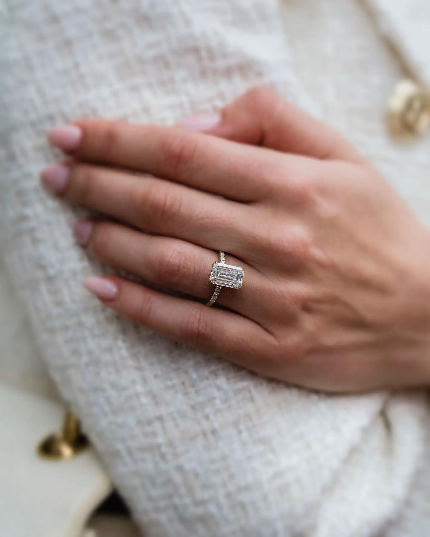 Elongated Emerald Cut 4CT Moissanite Wedding Ring, 7×11mm Center Stone, Solid 14K Yellow Gold Fine Jewelry, Luxury Engagement Anniversary Bridal Gift For Women view 5