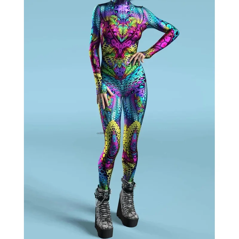 Colorful 3D Printing CyberPunk Rainbow Jumpsuit Halloween Holiday Party Cosplay Costume Elastic Bodysuits Rompers Women Zentai