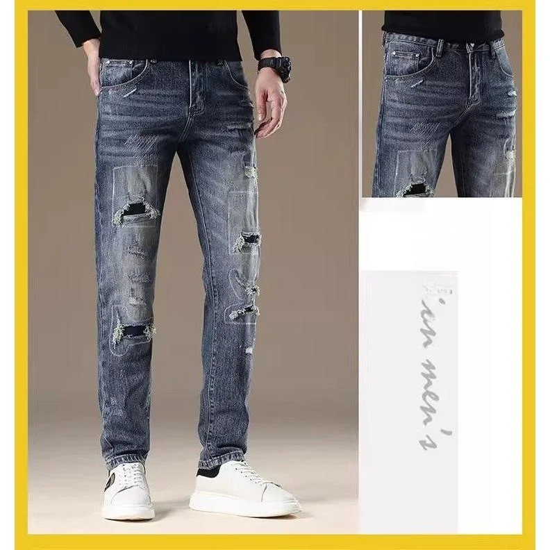 

Джинсы с тяжелой талией в стиле ретро, мужские свободные прямые брюки с заплатками, модный бренд, весна-осень, новые повседневные хлопковые полиэтиленовые джинсы...