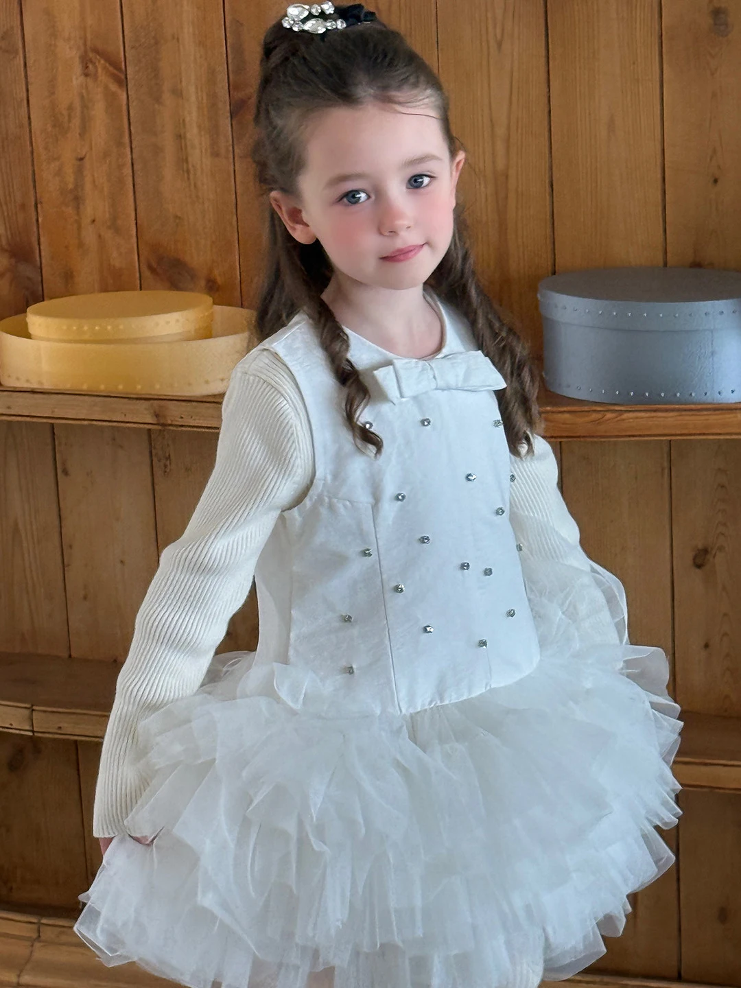 Girls Tweed White Dress Mesh Tiered Cake Puffy Princess Party Gown A-Line Formal Elegant Holiday Outfit for Toddler Kids
