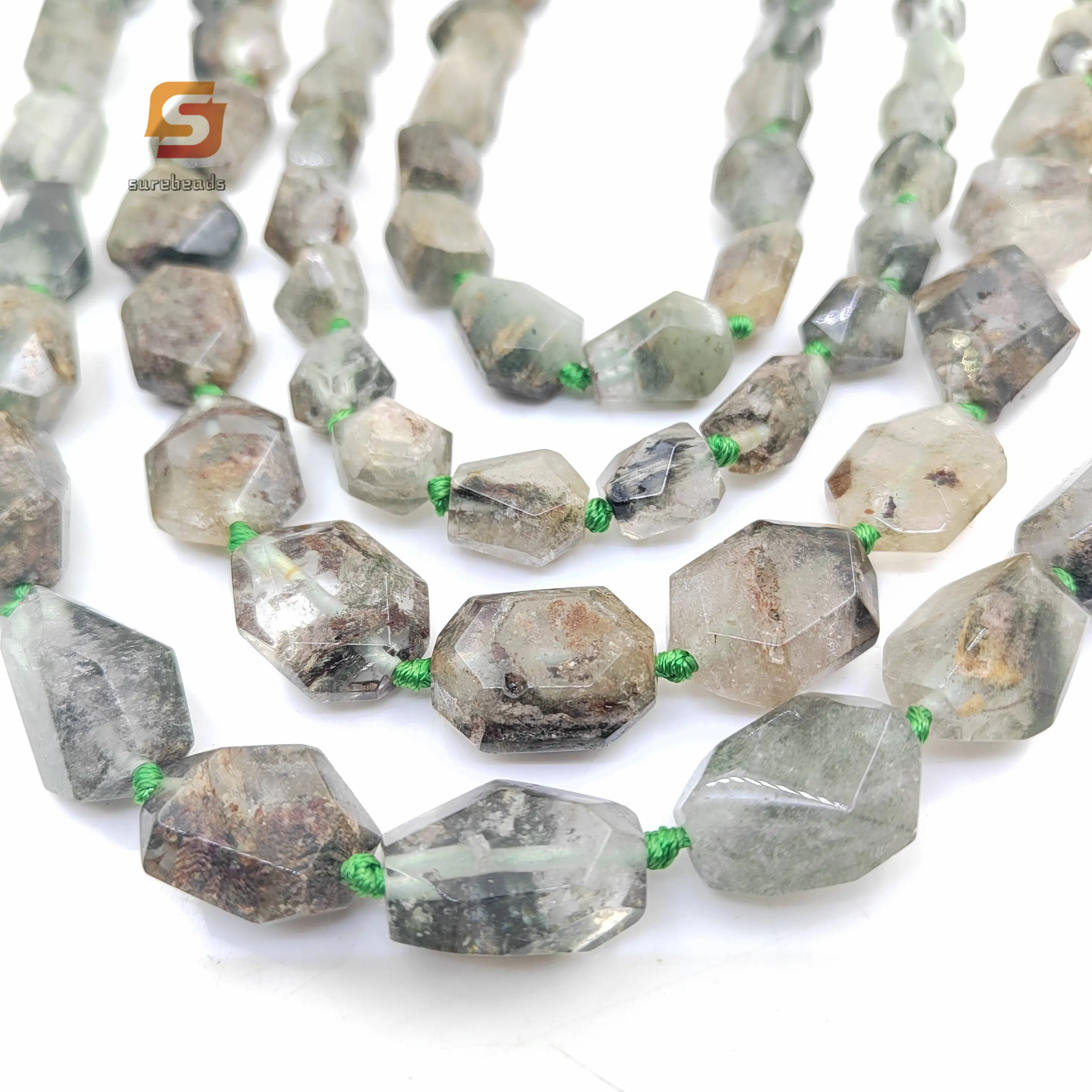 Green Phantom Quartz Faceted Nugget Loose Beads Bulk,15.5