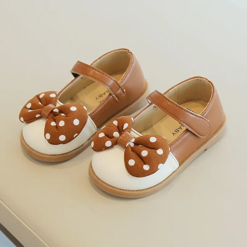 

Spring Autumn Girls Leather Shoes 2024 New Cute Polka Dot Bow Kids Flats Baby Toddler Shoes Children Princess Soft Soled Shoes