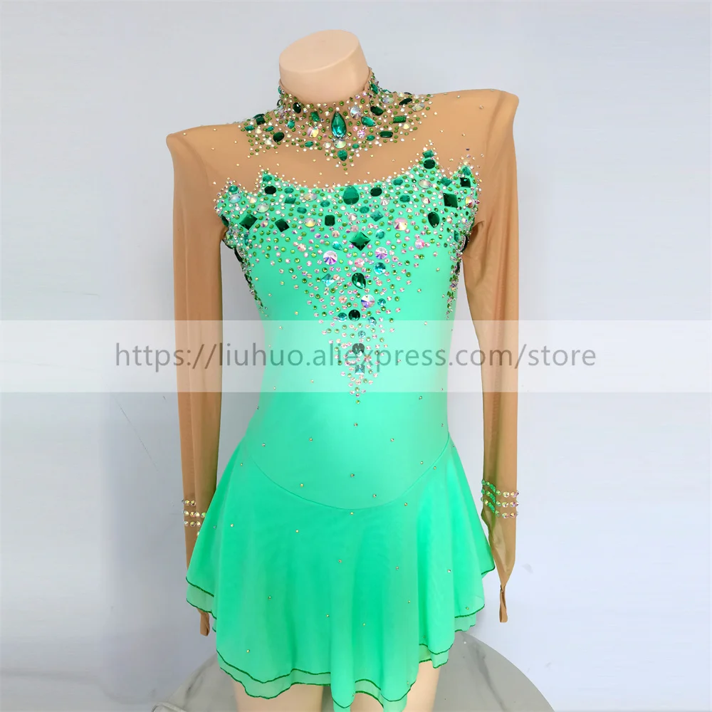 LIUHUO Women Aldult Girl Customize Costume Gymnastics Performance Competition Leotard Ice Figure Skating Dress Green Dance Teens