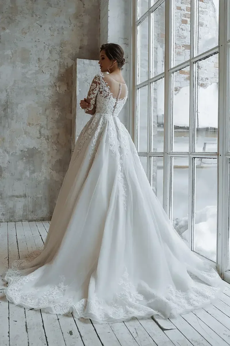 فساتين زفاف Flavinke مخصصة من vestidos de novia على شكل حرف a وأكمام طويلة مزينة بالدانتيل واللؤلؤ الأميرة للنساء فساتين العروس