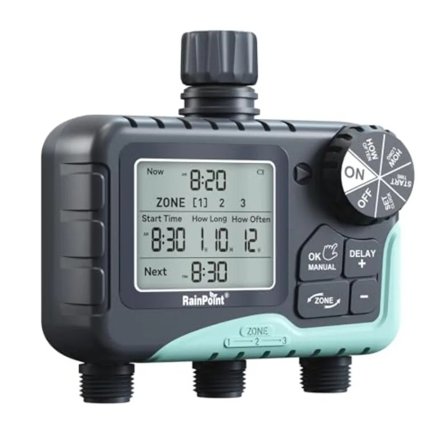 

Sprinkler Timer 3 Zone Programmable Water Timer for Watering with Automatic/Manual/Rain Delay/Watering Mode IP65 Waterproof Lar