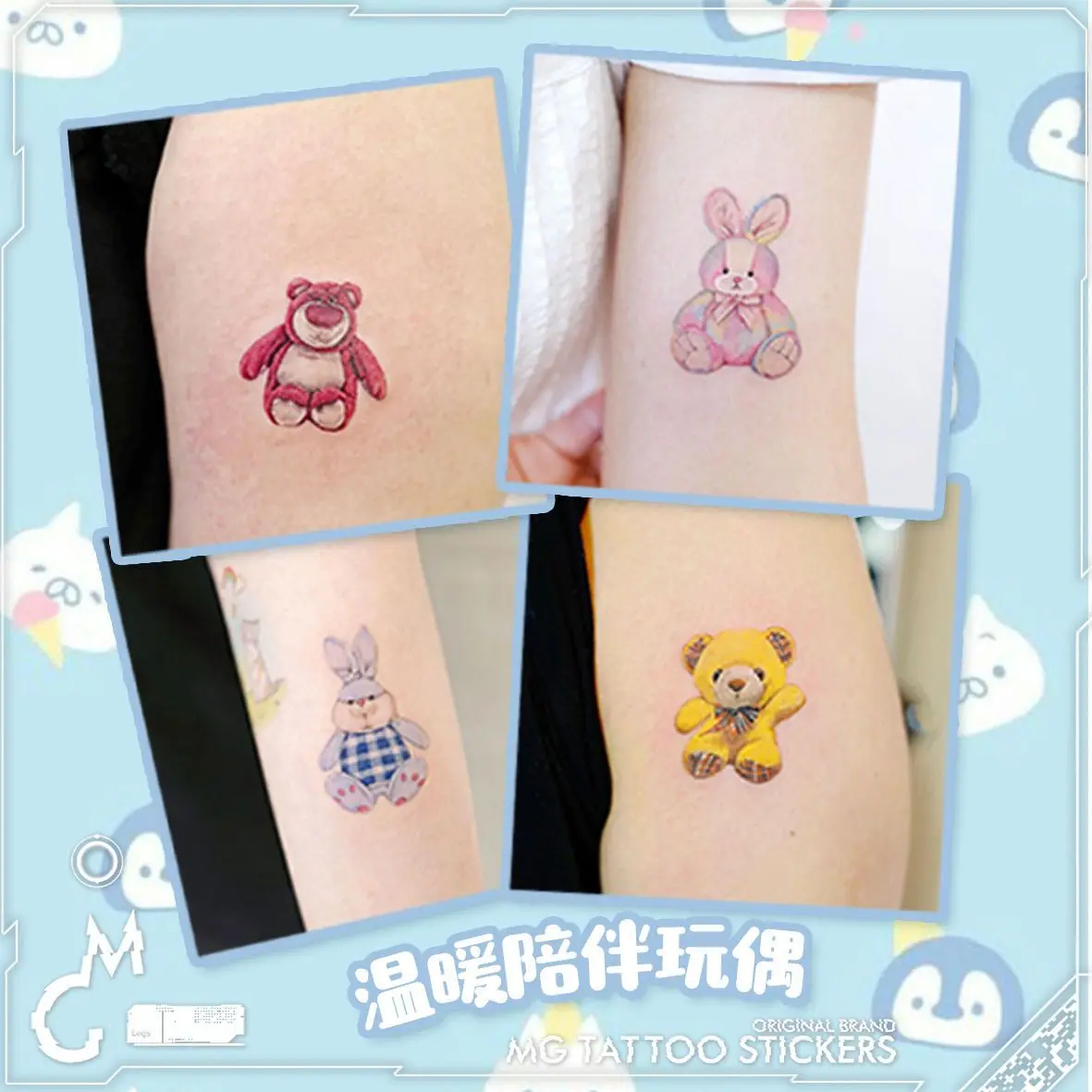 12Pcs Set Cartoon Tattoo Sticker Waterproof Temporary Tattoos Bowknot Bear Rabbit Letter Tatto Colorful Art Cute Tatoo Festival