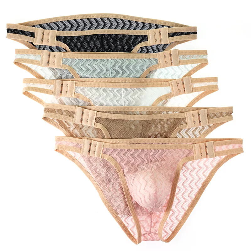 رجل ملخصات حزام رياضي قابل للتعديل الدانتيل شفافة مفتوحة زر سراويل التجفيف السريع U محدب الملابس الداخلية منخفضة الخصر السروال