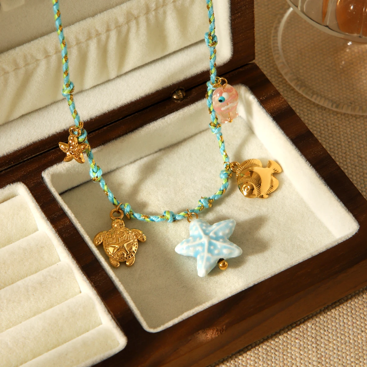 

Huang Chao Vintage Stainless Steel Pendant Necklace Rope Chain Bohemian Blue Style Bracelet Fashionable Jewelry Exquisite Gift