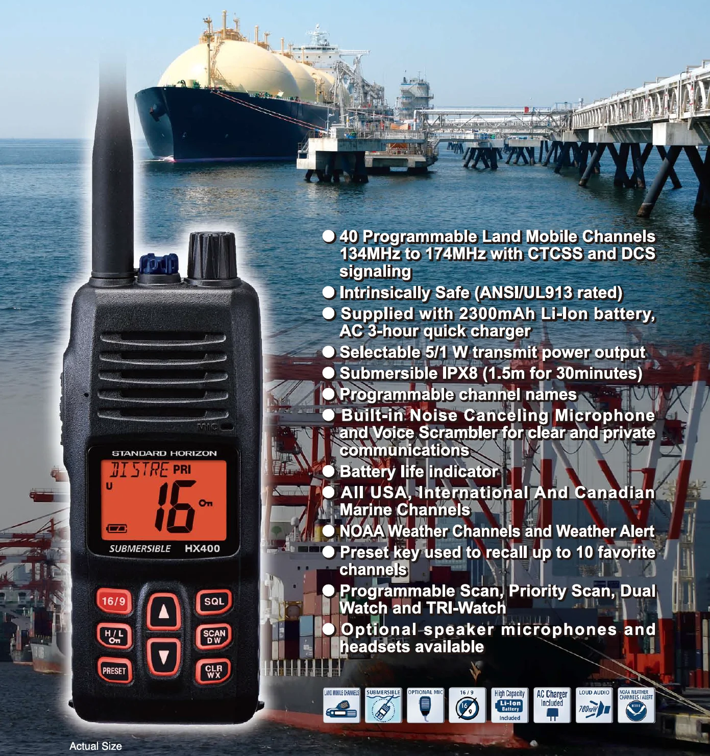 

Морская радиостанция Standard Horizon HX400IS с защитой от воды IPX8 | Мощный прибор 5W, 2000 мАч, с поддержкой диапазонов Marine и WX – ваш неразрушимый спутник.