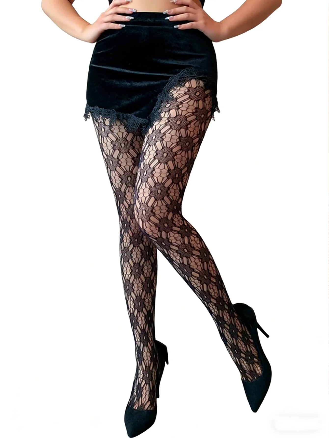 Valentinstag 1-Paar-Pack Damen Schwarze Sommer Neuheit Sexy E-Girl Blumenmuster Netzstrumpfhose Perfekt für Partys
