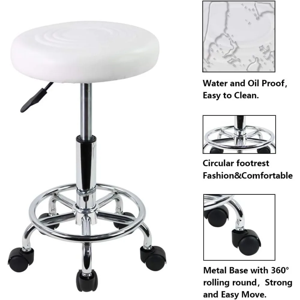 Height Adjustable White PU Leather Rolling Stool with Footrest for Spa Salon Tattoo Massage