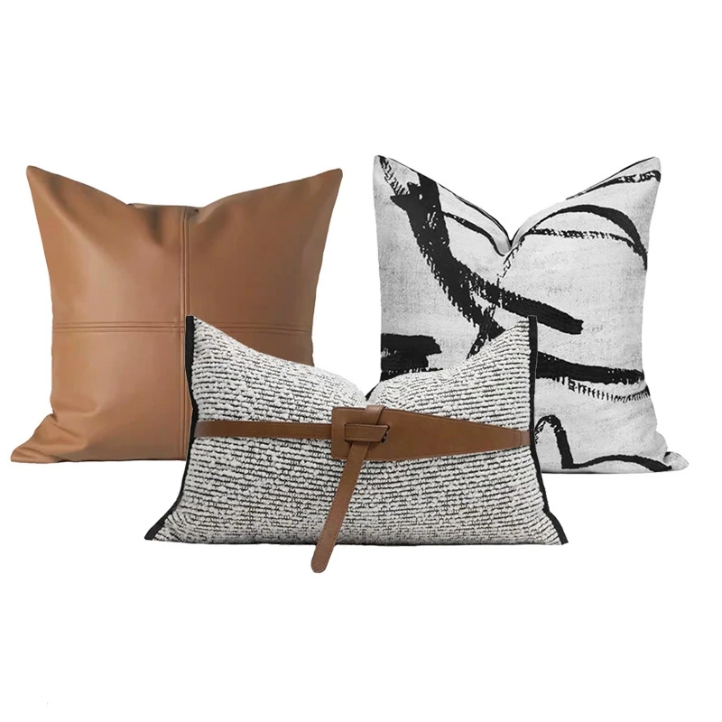 Modern PU leather pillow case black white brown cushion cover backrest throw pillowcase indoor