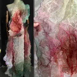 Green Red Pleated Tie Dye Fabric Retro Gradual Change Smudge Irregular Wedding Background Pleated Designer Fabric