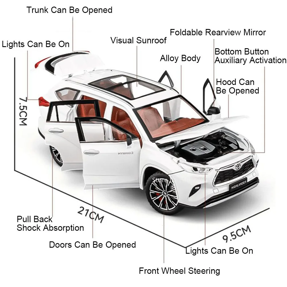 Schaal 1:24 Highlander RAV4 Speelgoedmodel Miniatuur Auto's Legering Diecast Geluid Licht Deuren Geopend Trek Schokabsorptie Jongens Geschenken