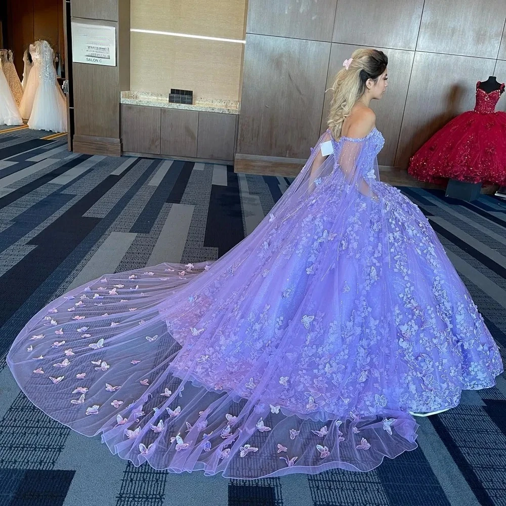 Vestidos de Quinceañera de Charro Lila, vestido de baile con hombros descubiertos, tul de encaje con cuentas, vestidos dulces de 16 años