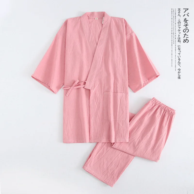 New Water-washed Cotton Thin Pure Color Pajama Set V-Neck Spring Sleepwear Men and Women Japanese Lovers Kimono Home Clothes