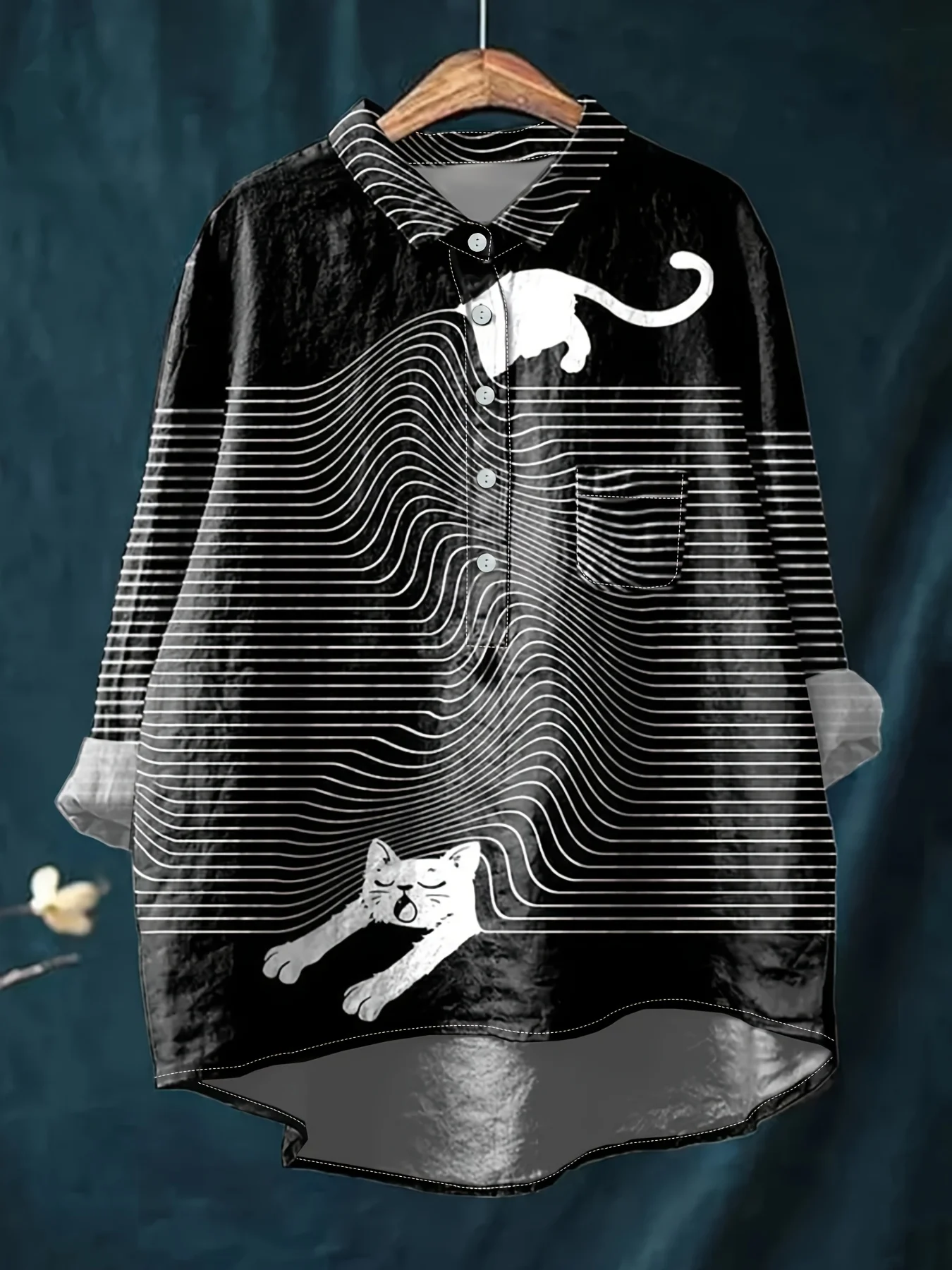 

Женская повседневная свободная рубашка на пуговицах с геометрическим принтом, воротник, длинные рукава и карманы, полосатая киска