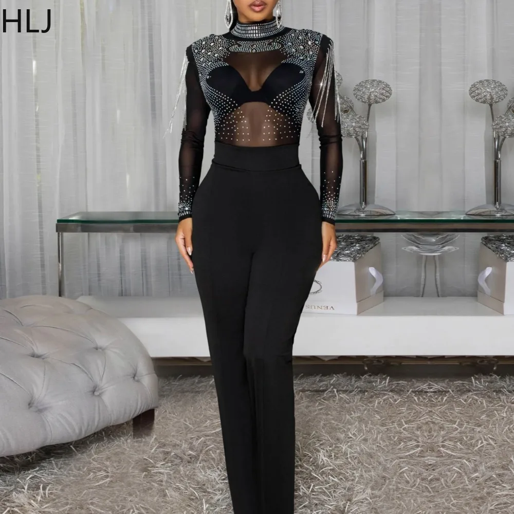 

HLJ Sexy Rhinestone Patchwork Bodycon Jumpsuits Women Mesh See Through Long Sleeves Rompers Female Party Clubwear Overalls New