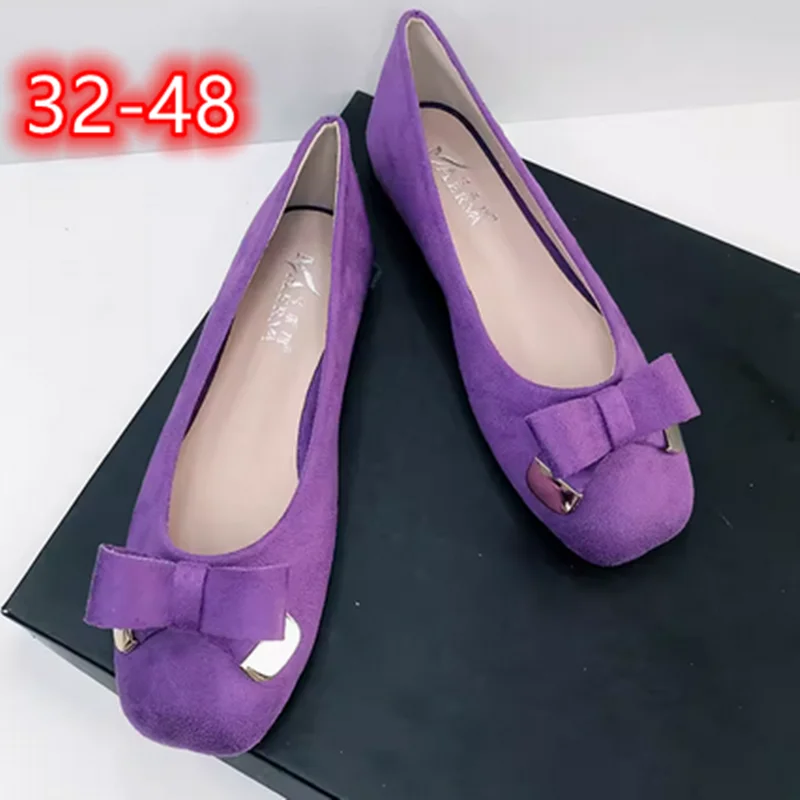 Lady Flock Cloth Hot Sell Flats Metal Butterfly-Knot Slip-On In Purple Blue Wide Fitting Square Toe Ballet Mocassines 32-48 27cm