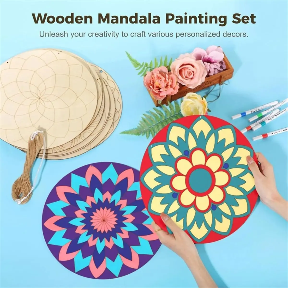 A77K 10 Pack Wood Mandala Painting Set with Wood Rounds,12-Color Acrylic Markers and String for Crafts and DIY Home Décor