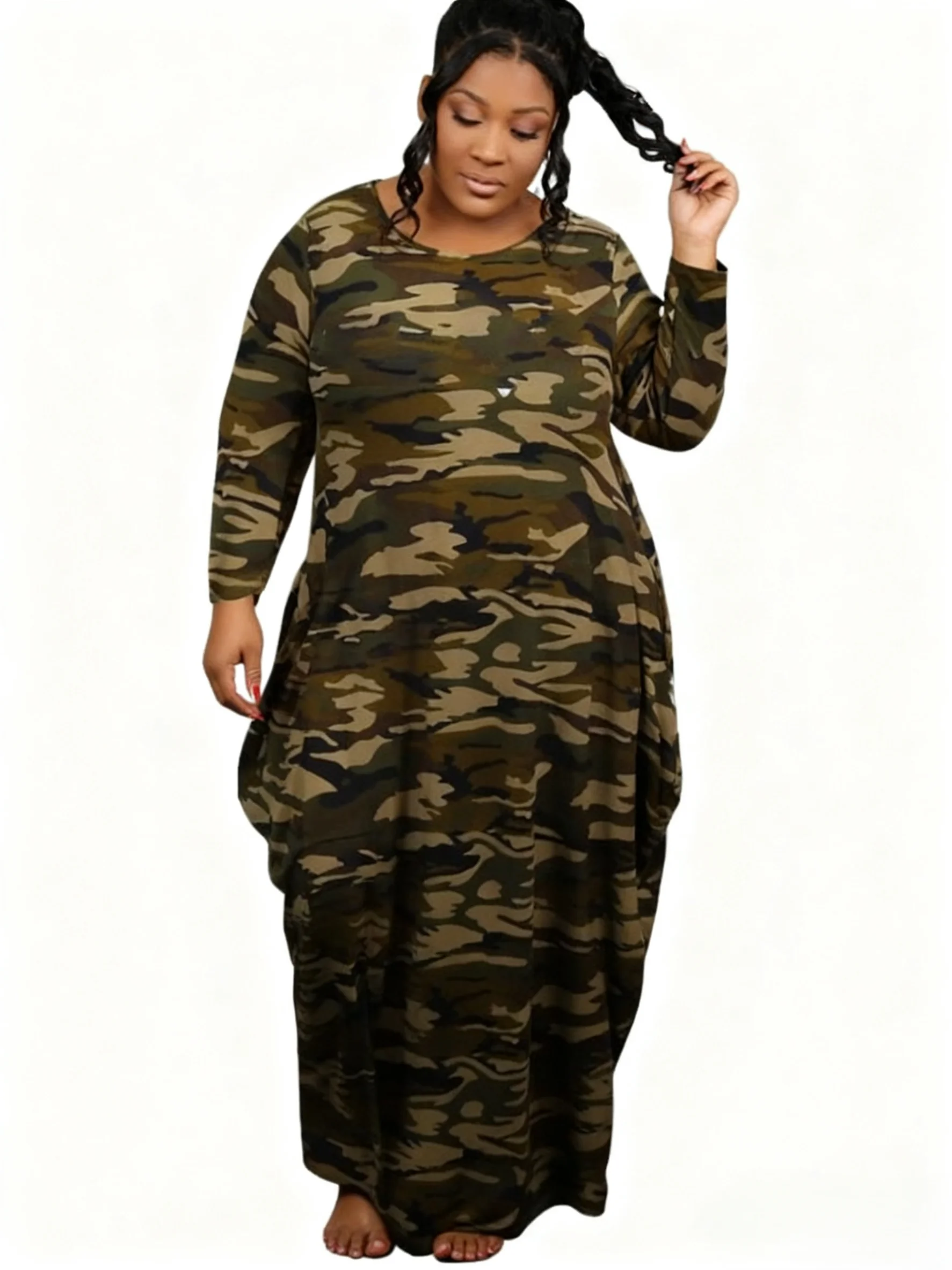 

Женское платье макси большого размера с камуфляжным принтом и карманами большого размера