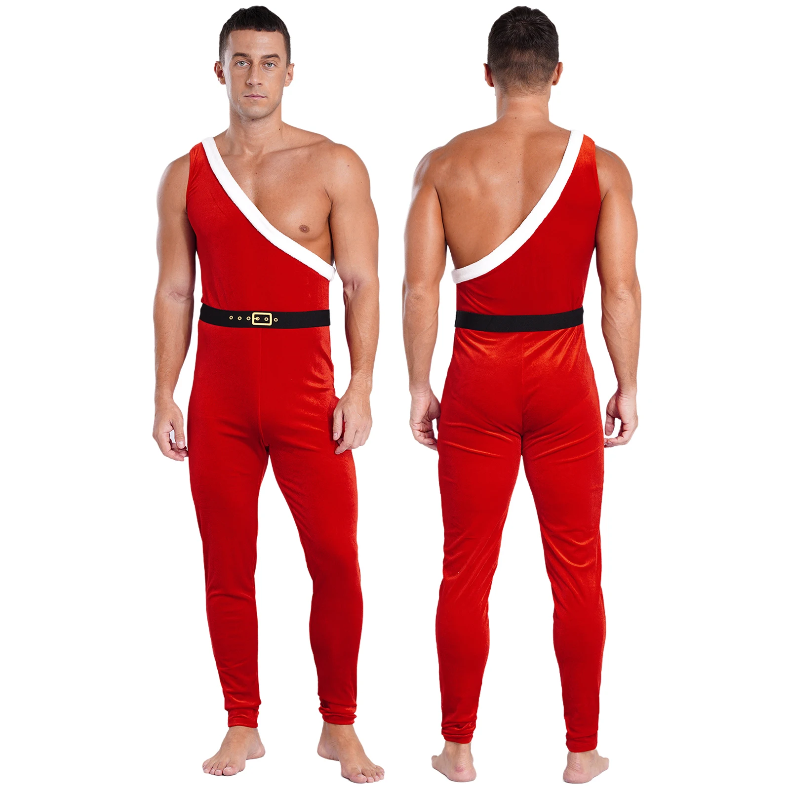 

Mens Christmas New Year Show Performance Santa Claus Cosplay Costume Santa Sleeveless Naughty Bodysuit Festival Show Stage Cloth