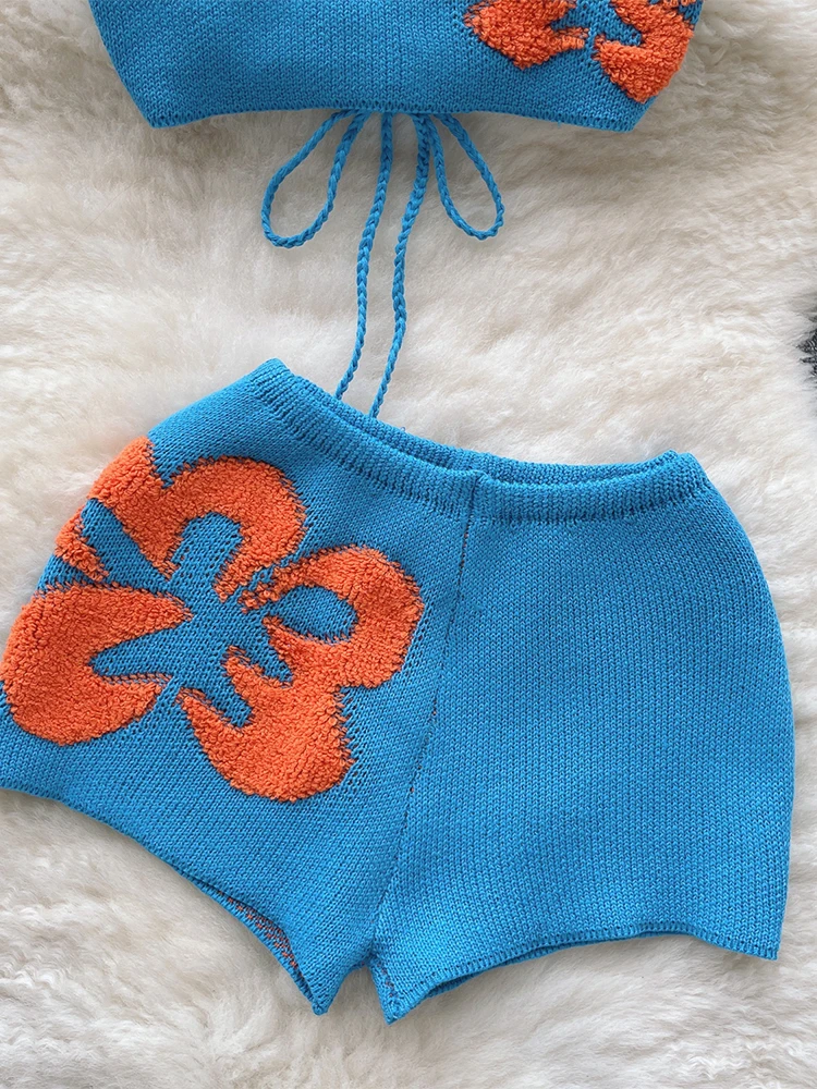 بدلة نسائية زرقاء مكونة من قطعتين بلوزة قصيرة بدون أكمام مع تنانير صغيرة 90s عتيقة Y2k أطقم تنورة محبوكة ملابس 2000s