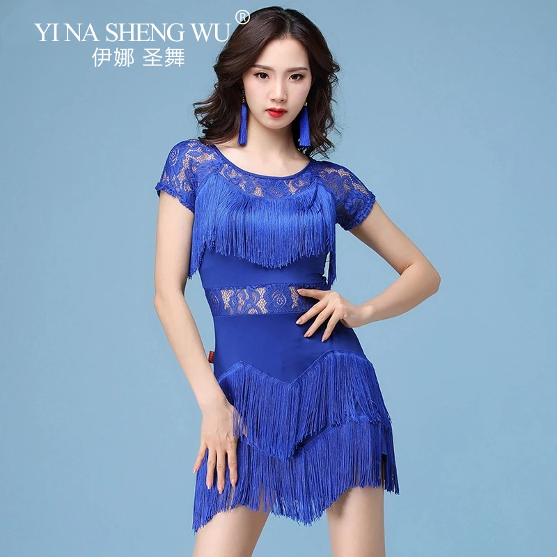 Latin Dans Jurk Vrouwen Sexy Mesh Splicing Kwastje Korte Jurk Volwassen Ballroom/Tango/Salsa/Rumba Concurrentie Prestaties kostuum