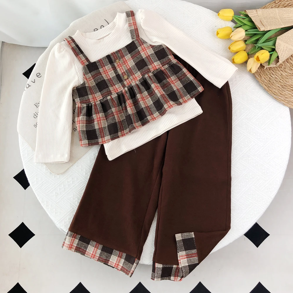 Autumn Street Style Korean Version Girls Clothes Plaid Printed Vest Long Sleeved Shirt Long Pants Children's Casual 3 Pcs Set