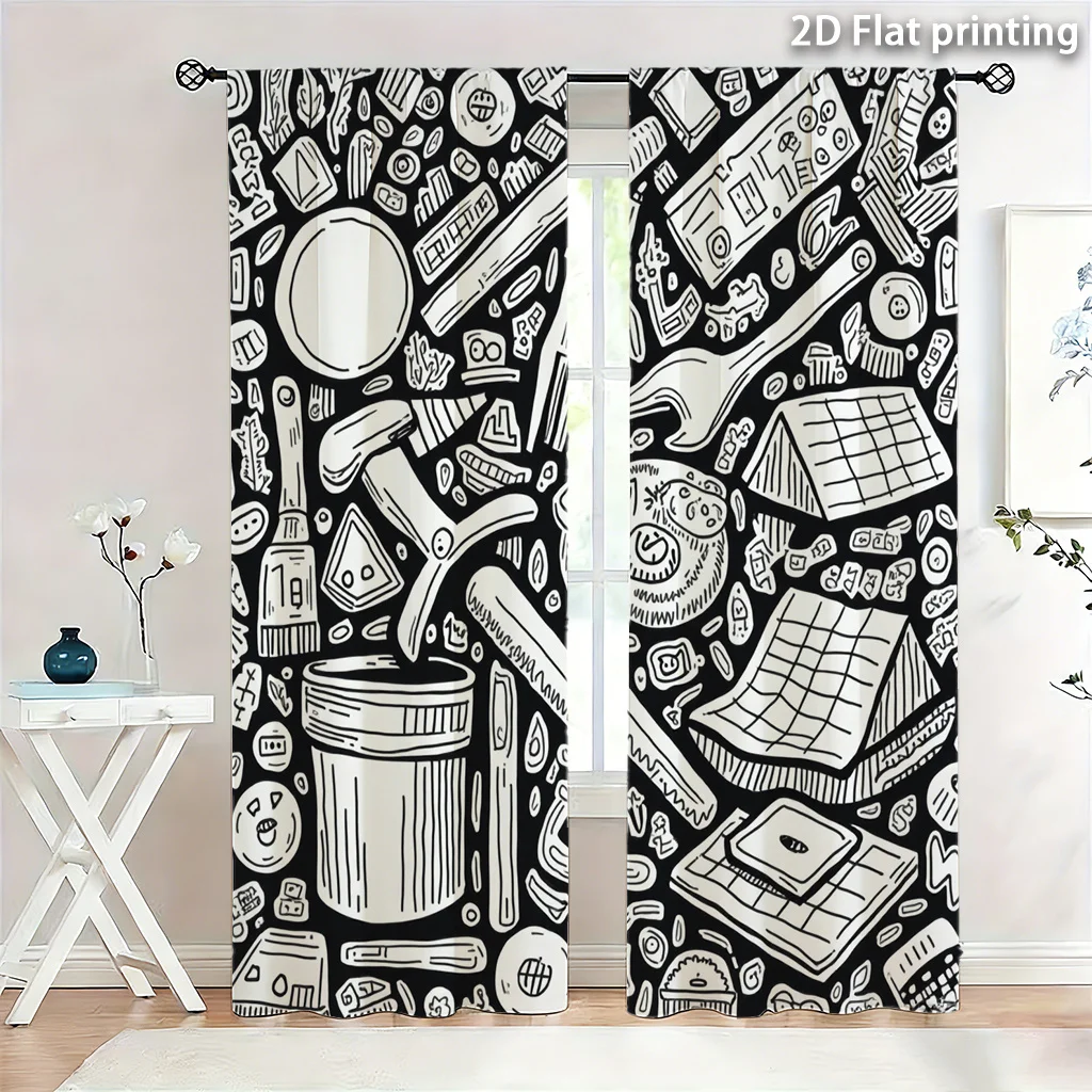 Graphic Tools Pattern Curtains for Living Room Window Decor Modern Industrial Steampunk Black and White Utility Blueprint Drapes