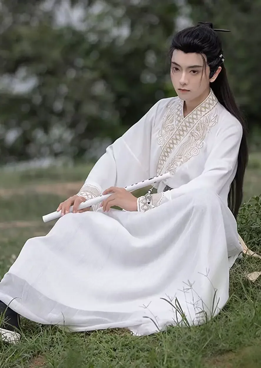 Conjuntos de hanfu bordado tradicional chinês para homens e mulheres, traje de carnaval de casais, branco e preto, tamanho grande, 2024