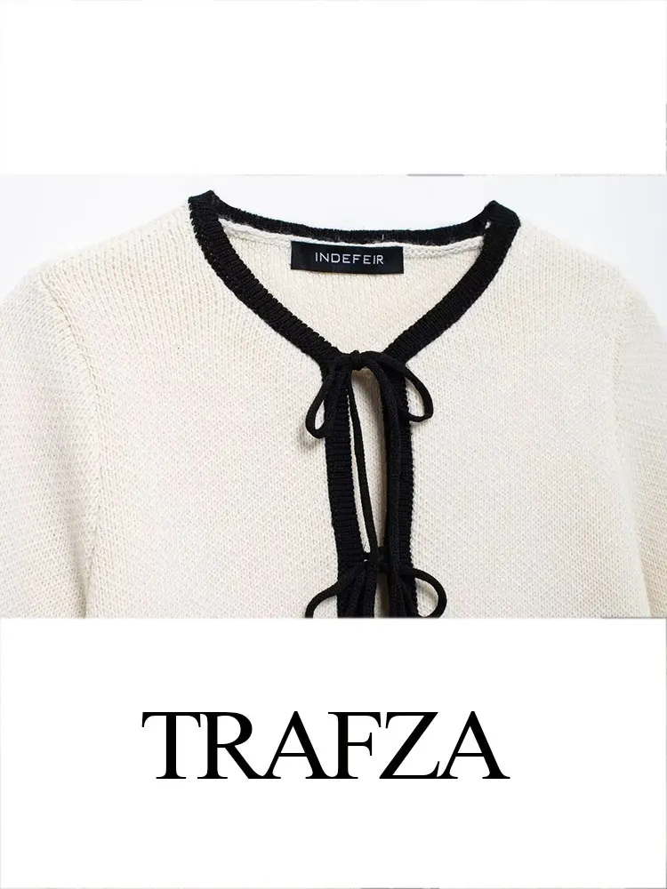 TRAFZA-Cardigã de malha com renda com decote em V para mulheres, blusa de bolso casual, streetwear justo, moda retrô, novo, outono, 2024