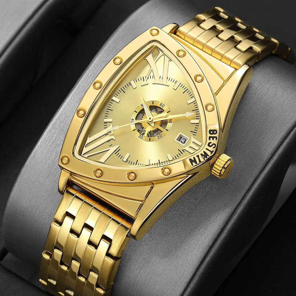 Triangle Watch Mens Quartz Watch Men Sports Watches Golden Wrist Watch Waterproof  Male Clock Stainless Steel Relogio Masculino