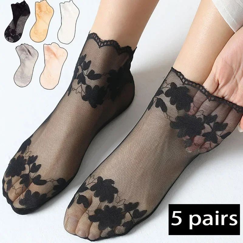 5Pairs Women Socks Summer Breathable Elastic Ladies Thin Leaves Boat Sock Thin Transparent Lace Invisible Sox Lolita Sokken