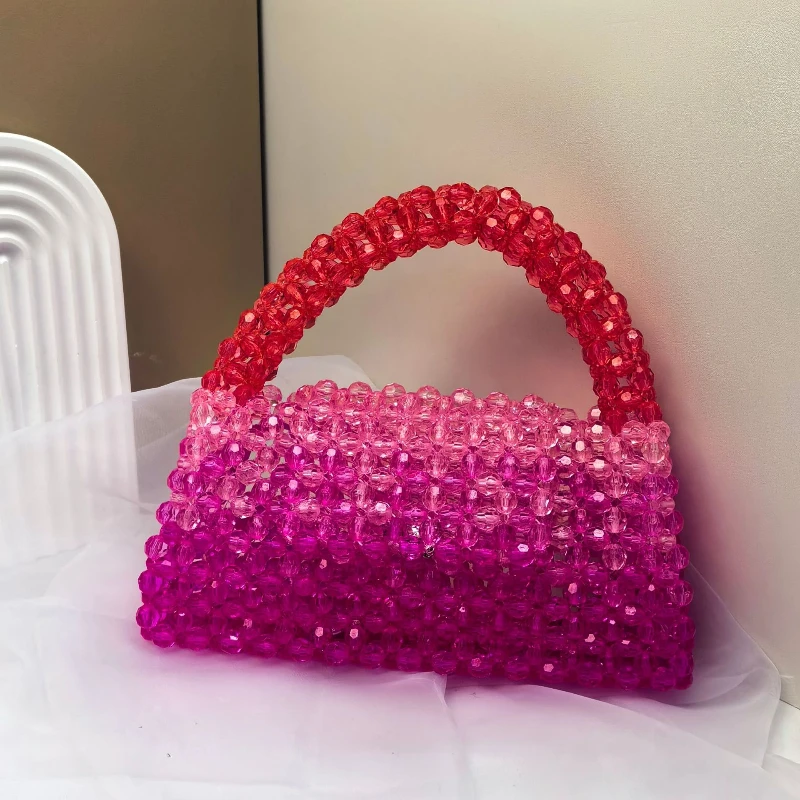 Fashion Acrylic Women Handbags Gradient Blue Beaded Tote Bags Summer Travel Mobile Phone Bag Wedding Evening Bag