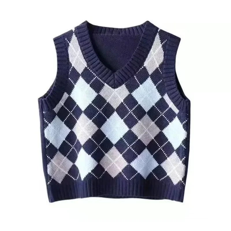 Women's Petite Cropped Knit Vest Retro Japanese Style Argyle V-Neck Sweater Vest Preppy Layering Waistcoat for Spring Autumn